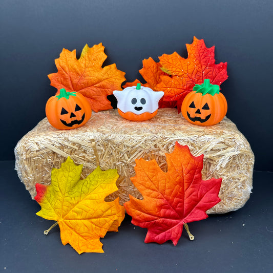 Jack-O'-Lantern and Halloween Ghost Decor Set - 3D Printed Fun for Home (1 Ghost, 2 Jack-O'-Lanterns)