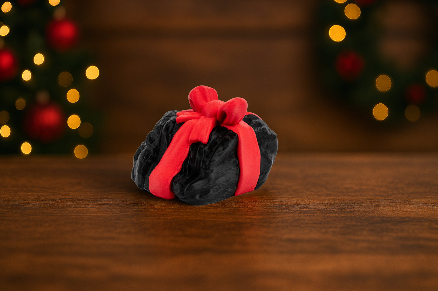 3D Printed Lump of Coal with Red Ribbon – Festive Desk Decor – Customization Available