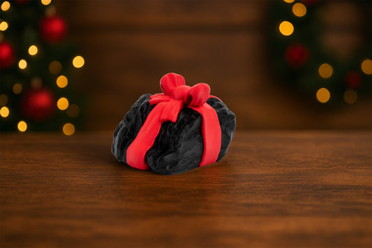 3D Printed Lump of Coal with Red Ribbon – Festive Desk Decor – Customization Available