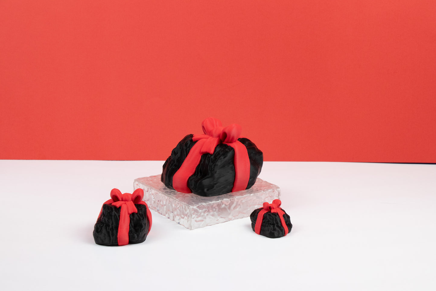 3D Printed Lump of Coal with Red Ribbon – Festive Desk Decor – Customization Available