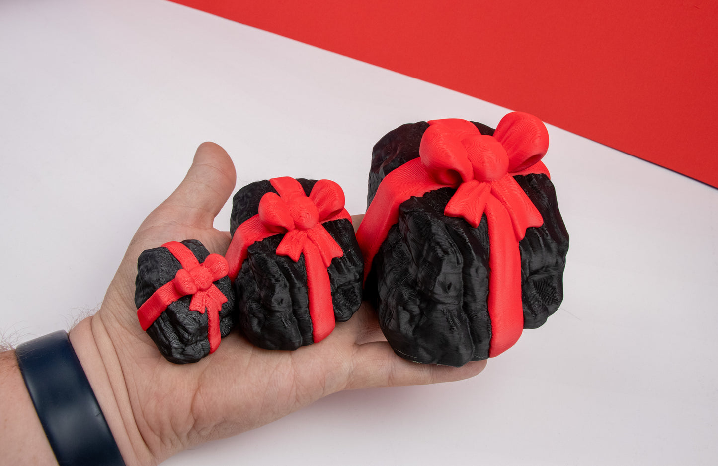 3D Printed Lump of Coal with Red Ribbon – Festive Desk Decor – Customization Available
