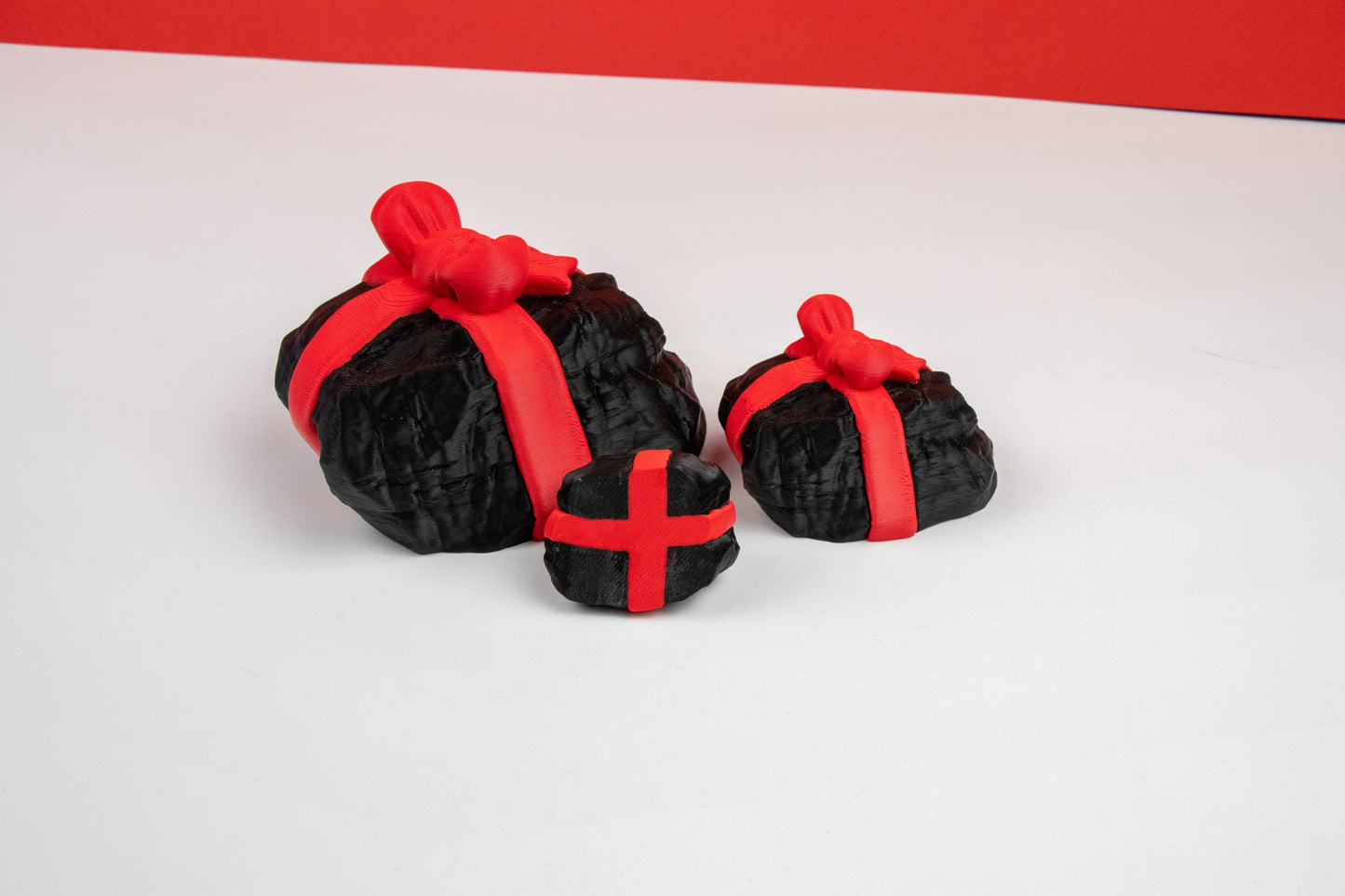 3D Printed Lump of Coal with Red Ribbon – Festive Desk Decor – Customization Available