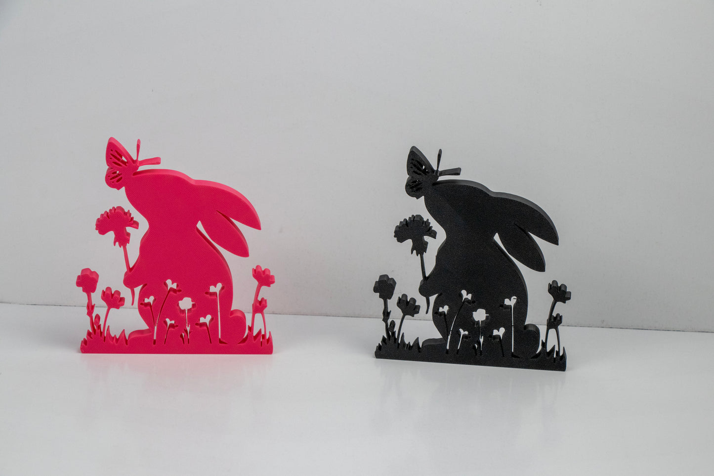 Spring Bunny Silhouette Decor – Butterfly & Floral Easter Display – 3D Printed in Pink or Black