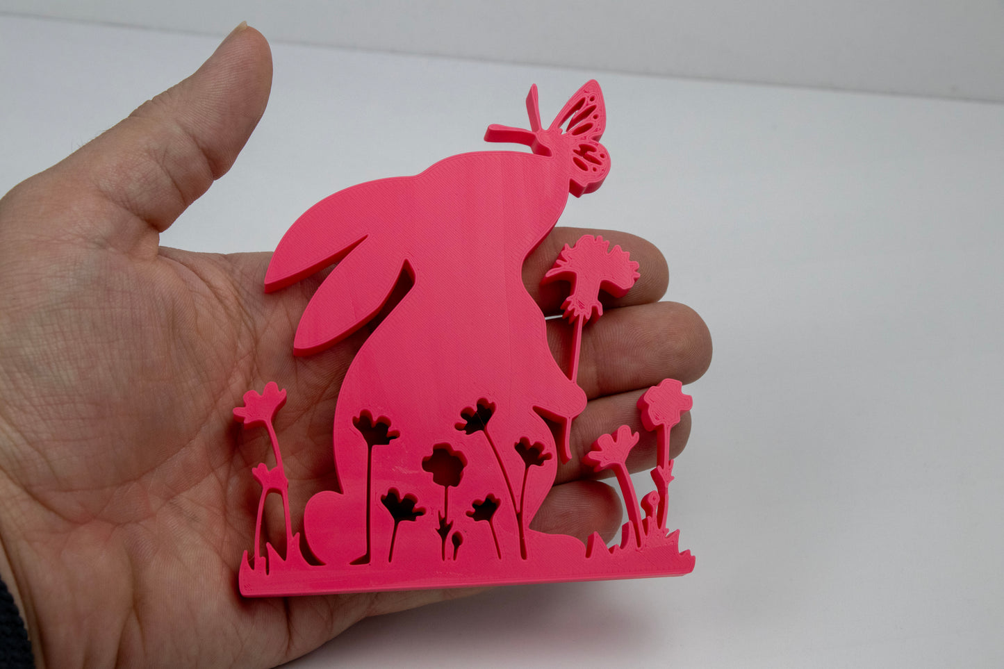 Spring Bunny Silhouette Decor – Butterfly & Floral Easter Display – 3D Printed in Pink or Black