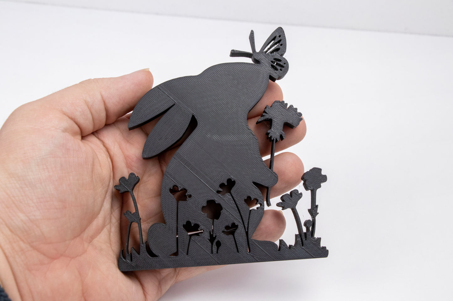 Spring Bunny Silhouette Decor – Butterfly & Floral Easter Display – 3D Printed in Pink or Black
