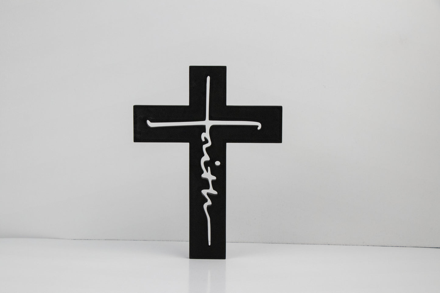 Faith Cross Decor – Hollow Script Cross – 3D Printed Christian Display – Custom Colors Available