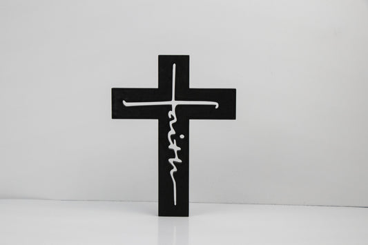 Faith Cross Decor – Hollow Script Cross – 3D Printed Christian Display – Custom Colors Available