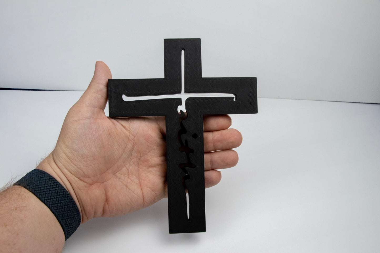 Faith Cross Decor – Hollow Script Cross – 3D Printed Christian Display – Custom Colors Available
