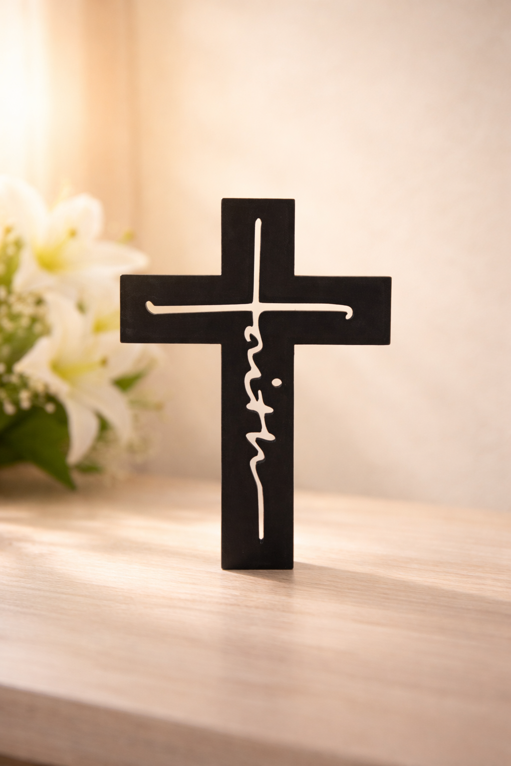 Faith Cross Decor – Hollow Script Cross – 3D Printed Christian Display – Custom Colors Available