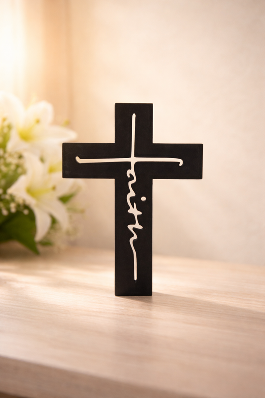 Faith Cross Decor – Hollow Script Cross – 3D Printed Christian Display – Custom Colors Available