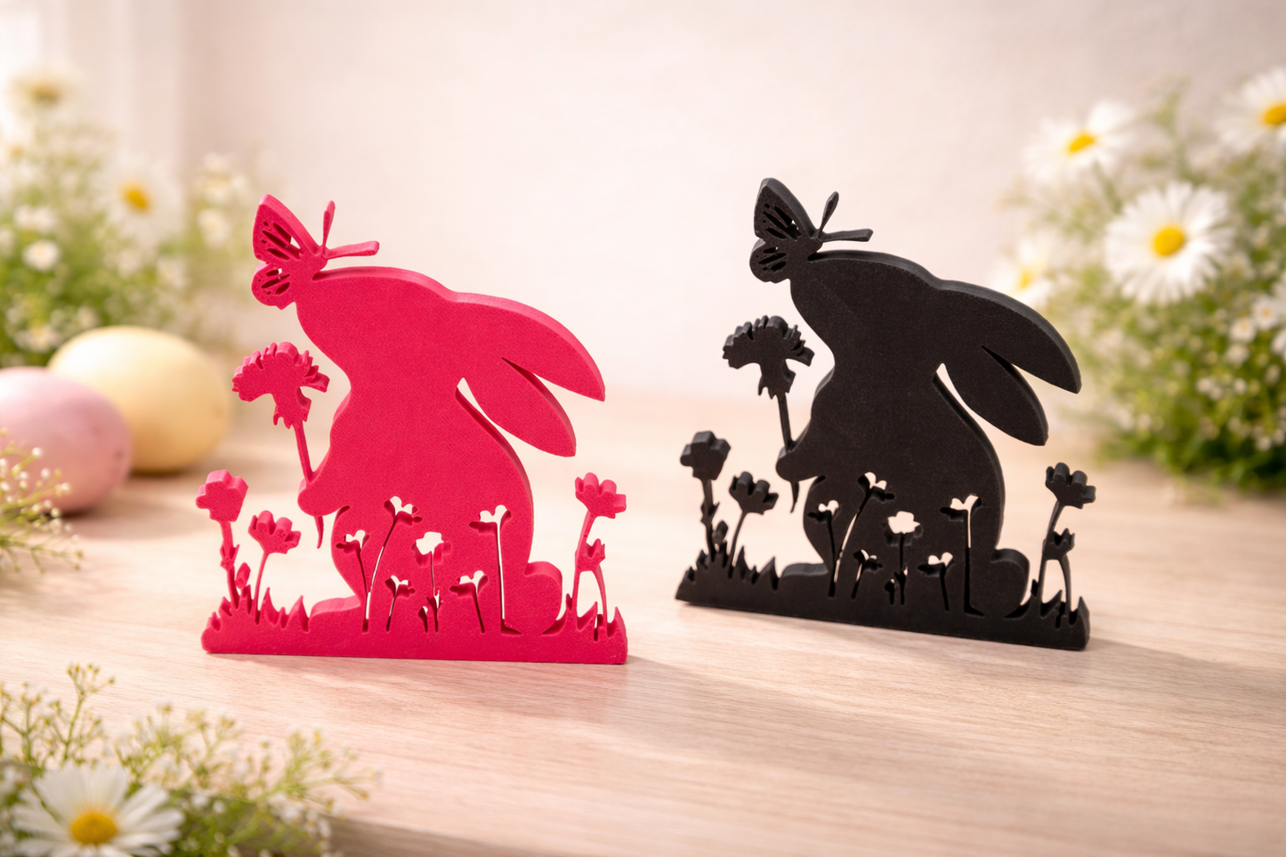 Spring Bunny Silhouette Decor – Butterfly & Floral Easter Display – 3D Printed in Pink or Black
