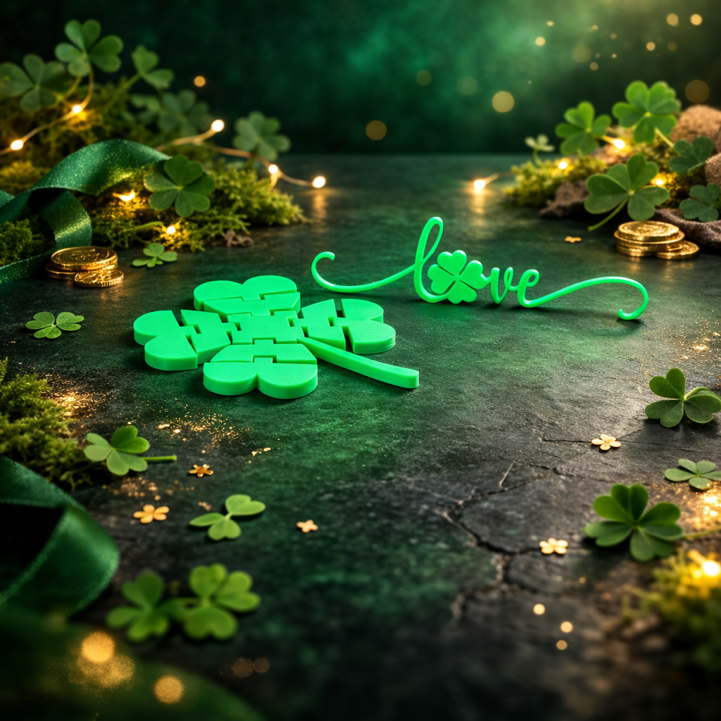 Lucky in Love Decor Set – Articulated Four Leaf Clover Fidget & Love Sign – Customization Available